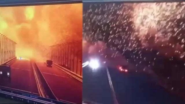 克里米亚大桥起火桥面损坏