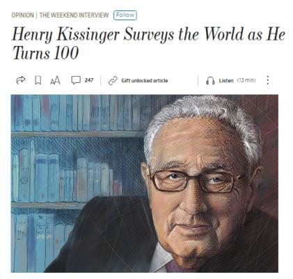 美国前国务卿基辛格100寿辰