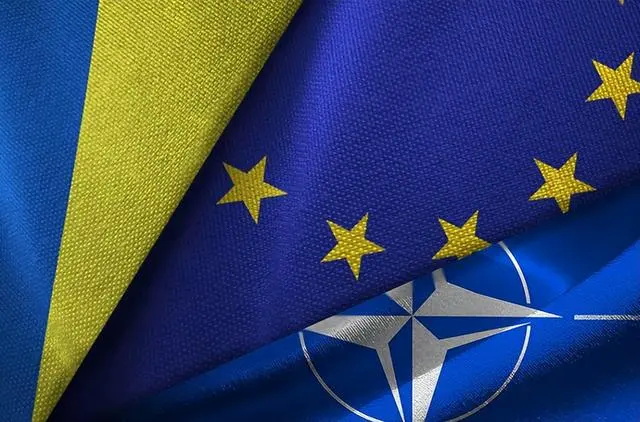 乌克兰、欧盟和北约旗帜